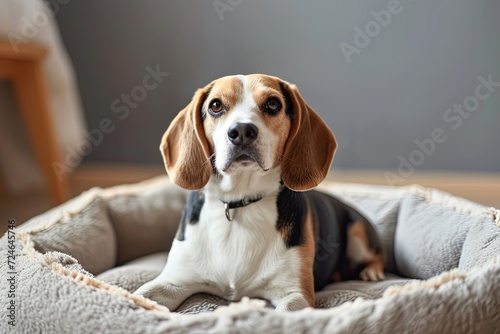 Beagle dog sits in pet bed by light wall