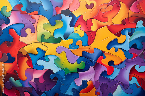 Vibrant jigsaw puzzle art, a masterpiece in abstracted realism, featuring rainbow hues, airbrush techniques, and innovative panel composition mastery. photo