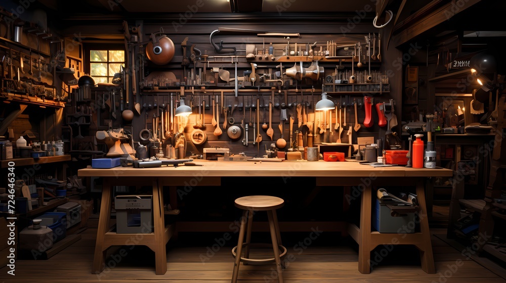 A clean workbench in a carpenter's shop, tools neatly arranged, waiting for the next creation