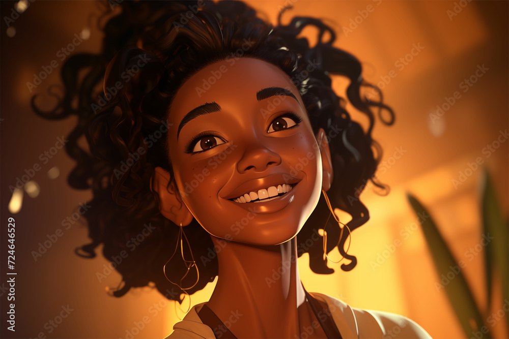 custom made wallpaper toronto digitalRadiant joy in a cartoon portrait – an African American woman smiles in the vibrant, unreal engine style with honeycore influences, a blink-and-you-miss-it detail, and a touch of golden light.