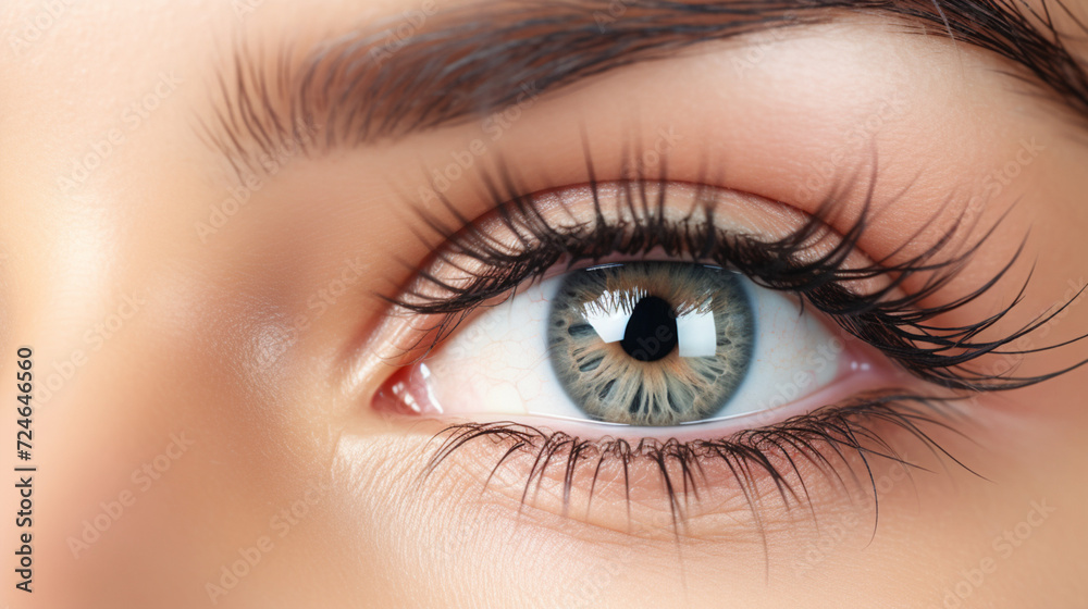 Eyelash Extension Procedure. Close-up of an eye with long and thick eyelashes, eyes visage. Woman eye with long false eyelashes. Cosmetics and make-up