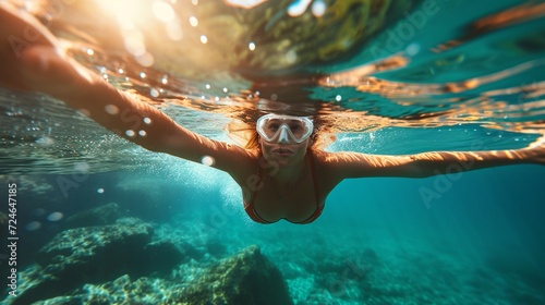 Attractive young womanl swims underwater in the sea.Woman swimming underwater in sea.