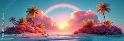 A vibrant, magical island paradise with a rainbow sky and fluffy cloudscape. © Andrii Zastrozhnov
