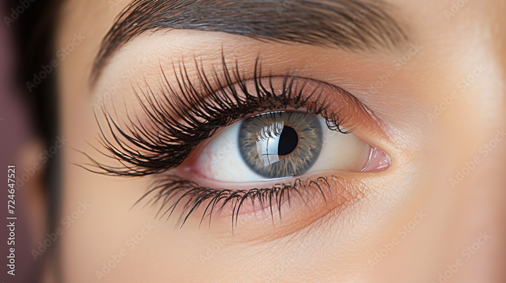 Obraz premium Eyelash Extension Procedure. Close-up of an eye with long and thick eyelashes, eyes visage. Woman eye with long false eyelashes. Cosmetics and make-up