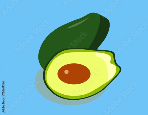 avocado half and whole back on a blue background,