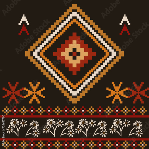 Embroidered cross-stitch ethnic fabric Geometric ornament ethnic pattern design. Use for fabric, textile, interior decoration elements, upholstery, and wrapping.