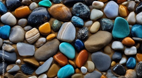 beautiful beach colored stones in the beach side with waves at the night, phosphorus stones, colored beach stones background