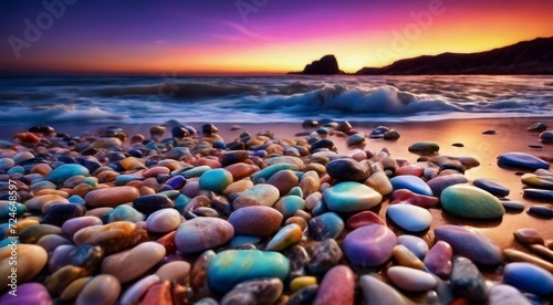 beautiful beach colored stones in the beach side with waves at the night  phosphorus stones  colored beach stones background