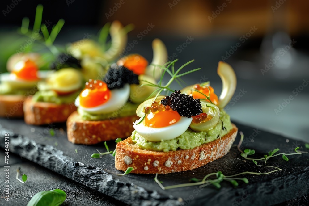Borodino bread sandwiches with avocado paste quail egg and black caviar