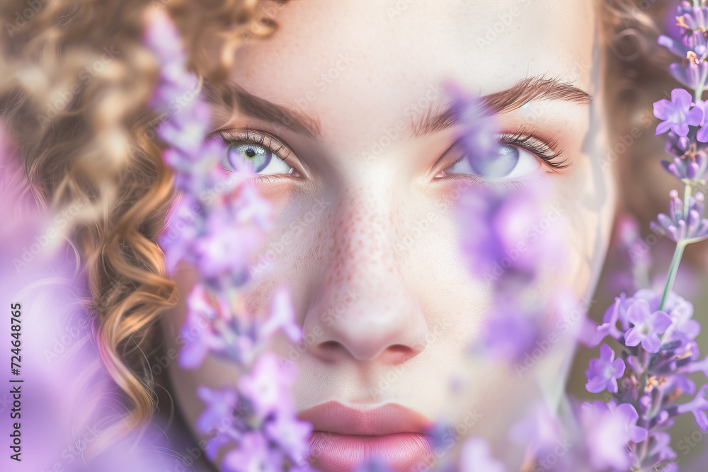 Connection between nature and femininity, dominant color purple, March, people concept, genrative ai