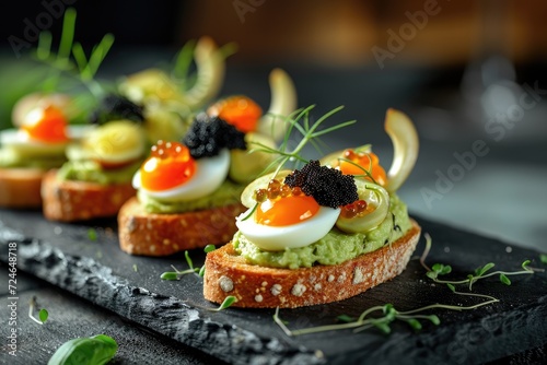 Borodino bread sandwiches with avocado paste quail egg and black caviar