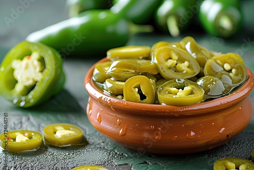 Bowl of sliced pickled jalapeno peppers on a green table