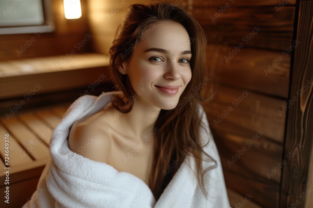Caucasian woman in bathrobe smiling relaxing in sauna Emphasizing spa and relaxation Caucasian woman in bathrobe smiling relaxing in sauna Emphasizing spa and relaxation
