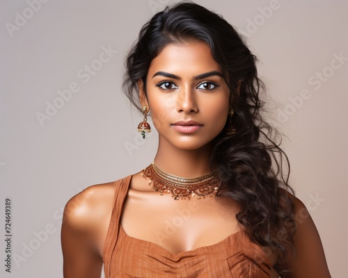 Portrait of beautiful indian girl. Young hindu woman model with kundan jewelry set. Traditional India costume red sari