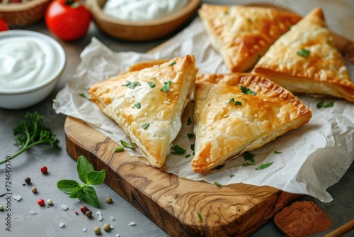 Cheese filled triangular Greek pastries with yoghurt sauce presented on a wooden board with baking paper