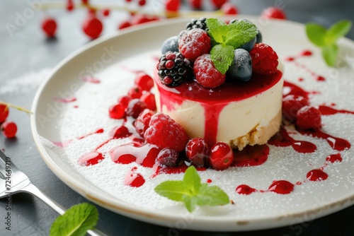Cheesecake with sauce made of berries and mint
