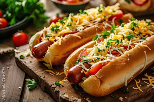 Cheesy hot dogs on a wooden surface photo