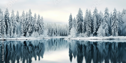 Rows of pines in snow on the lake edge. Serene winter landscape. Generative AI