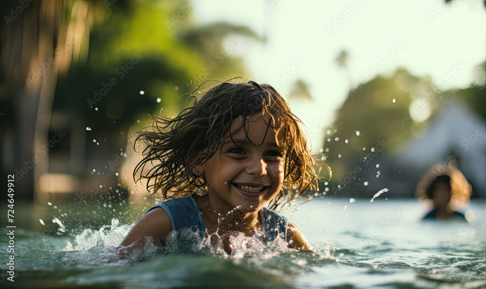 Happy kids are playing in the water, splashing and having fun Happy kids are playing in the water, splashing and having fun