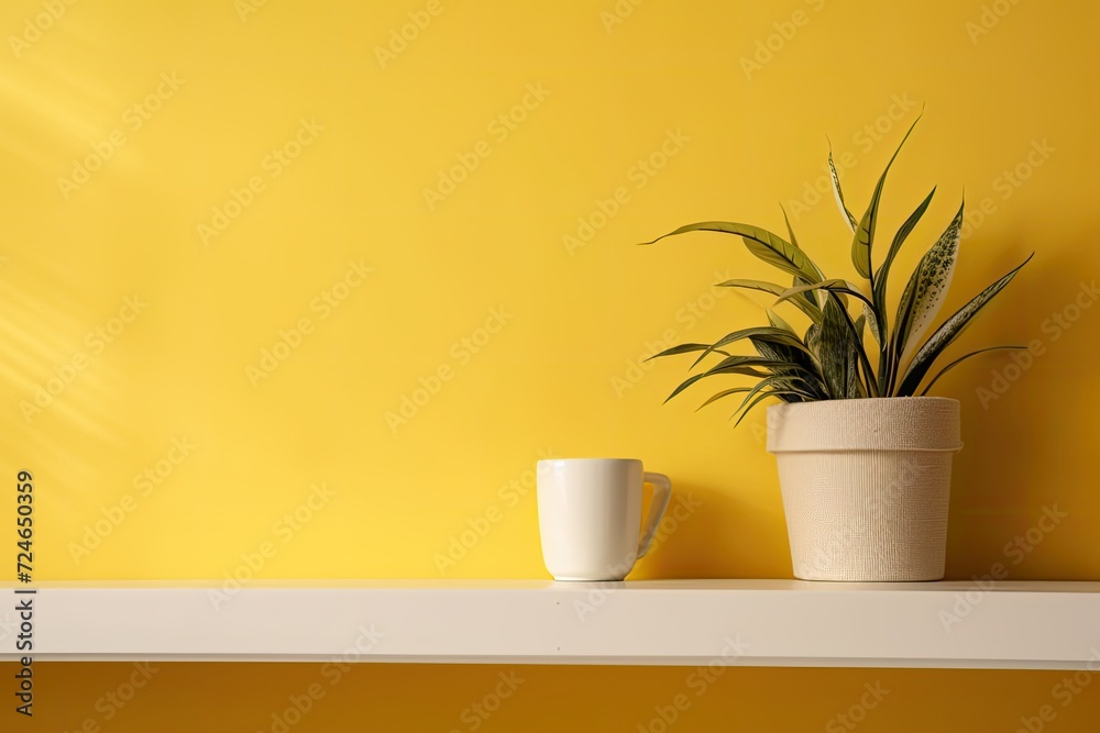 White shelf with a green plant in a white container next to a yellow background wall