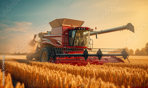 Combine harvester harvesting the wheat on the amazing wheat field