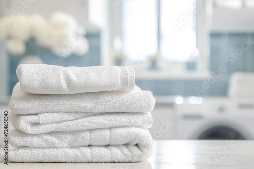 Clean bedding sheets stacked on blurred laundry room background