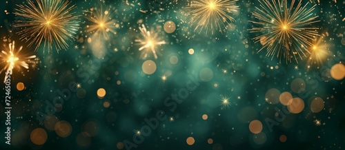 Silvester Sylvester 2024 New year New Year's Eve Party background banner panorama illustration - Abstract gold firework fireworks on dark green texture with bokeh, Generative AI