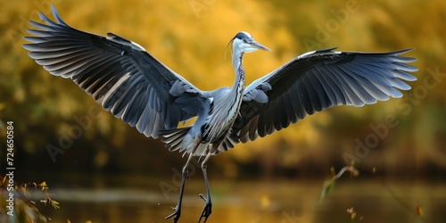 Animal wildlife photography - Gray heron ( Ardea cinerea ) with wings flying wide open, Generative AI photo