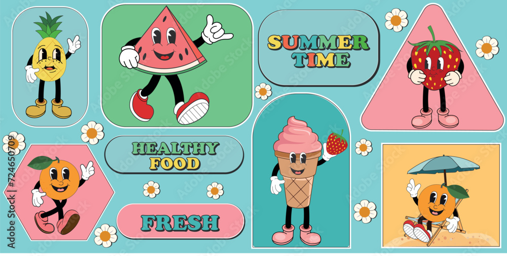 Fototapeta premium Collection of summer fruit stickers in groovy retro style. Funny psychedelic trendy retro elements flat vector symbols illustration set. Retro hippie badges collection