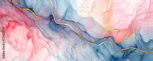 Abstract watercolor paint background illustration - Soft pastel pink blue color and golden lines, with liquid fluid marbled paper texture banner texture, Generative AI photo