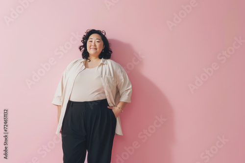 overweight asian woman against a light pink studio background with copy space