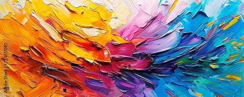 Closeup of abstract rough colorful bold rainbow colors explosion painting texture, with oil brushstroke, pallet knife paint on canvas - Art background, Generative AI