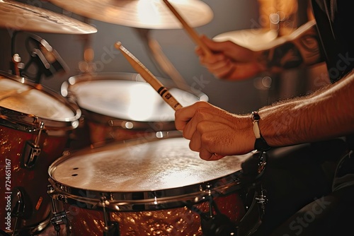 Close up of a drummer s hands rhythmically hitting drums at a studio photo