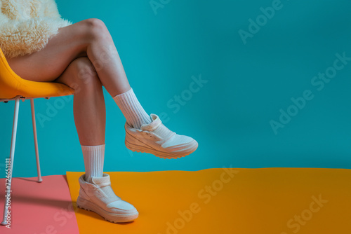 Sitting pose Females legs in socks and sneakers on multicolored background with copy space