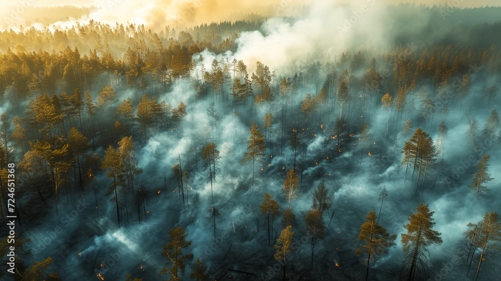 Wild forest fire. Burned trees after forest fires, lots of smoke. Natural disasters concept. Aerial view. Generative AI