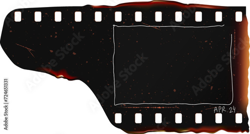 Distorted old grunge filmstrip with burned texture. Blank 35mm negative film with grainy, developing smear marks, scratch for collage. Vector illustration.	