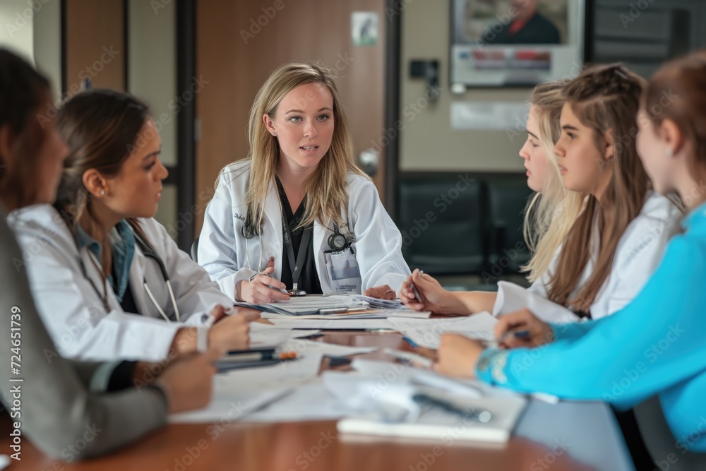 A small group of medical students gather around a table with a female doctor as she reviews policies and procedures. There are various files and papers scattered between them for reference. A small group of medical students gather around a table with a female doctor as she reviews policies and procedures. There are various files and papers scattered between them for reference.