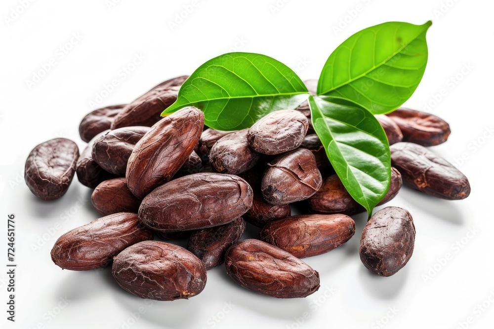 Obraz premium Close up of cocoa beans with leaves on a white background