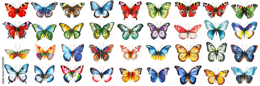 This image is a collection of colorful butterflies drawn in a watercolor style, each with a unique and vibrant color and pattern on their wings. They can be used for educational purposes to illustrate This image is a collection of colorful butterflies drawn in a watercolor style, each with a unique and vibrant color and pattern on their wings. They can be used for educational purposes to illustrate
