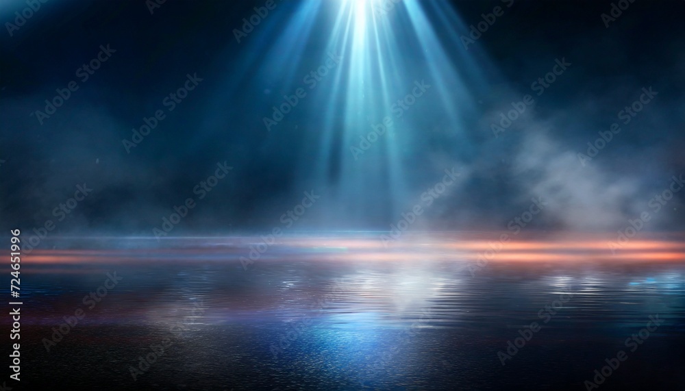 dark street wet asphalt reflections of rays in the water abstract dark blue background smoke smog empty dark scene neon light spotlights concrete floor