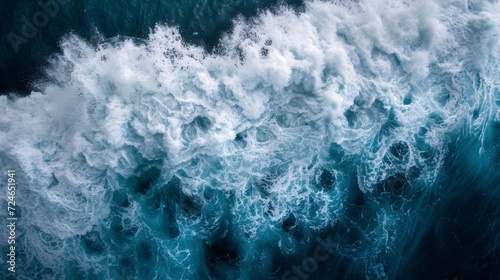 The powerful surge of the sea is depicted in this breathtaking aerial image as the huge wave shatters into a frothy mist over the dark depths, evoking a sense of wonder and strength.