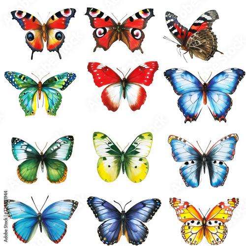 This image is a collection of colorful butterflies drawn in a watercolor style  each with a unique and vibrant color and pattern on their wings. They can be used for educational purposes to illustrate