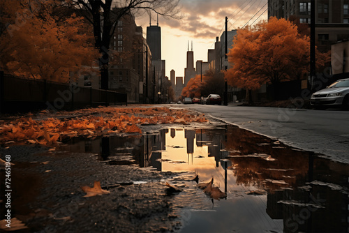 Captivating autumn leaves reflected in a dystopian city puddle, merging light orange and silver hues, inspired by Chicago Imagists, boasting spectacular backdrops in a brooding photo