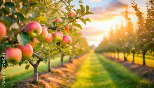 fruit farm with apple trees branch with natural apples on blurred background of apple orchard in golden hour concept organic local season fruits and harvesting finest 