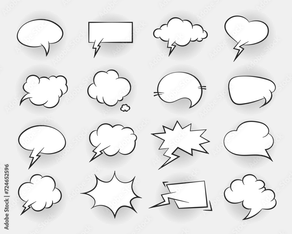 Set of comic speech bubbles. Retro empty comic bubbles with black halftone shadows. Vintage design, pop art style. Vector Set of comic speech bubbles. Retro empty comic bubbles with black halftone shadows. Vintage design, pop art style. Vector