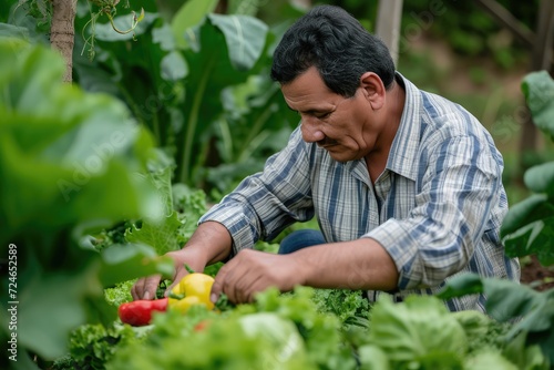 Latin American business manager doing quality control on some vegetables hervested from his organic farm 
