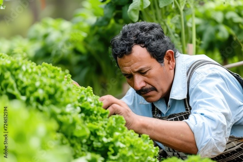 Latin American business manager doing quality control on some vegetables hervested from his organic farm 