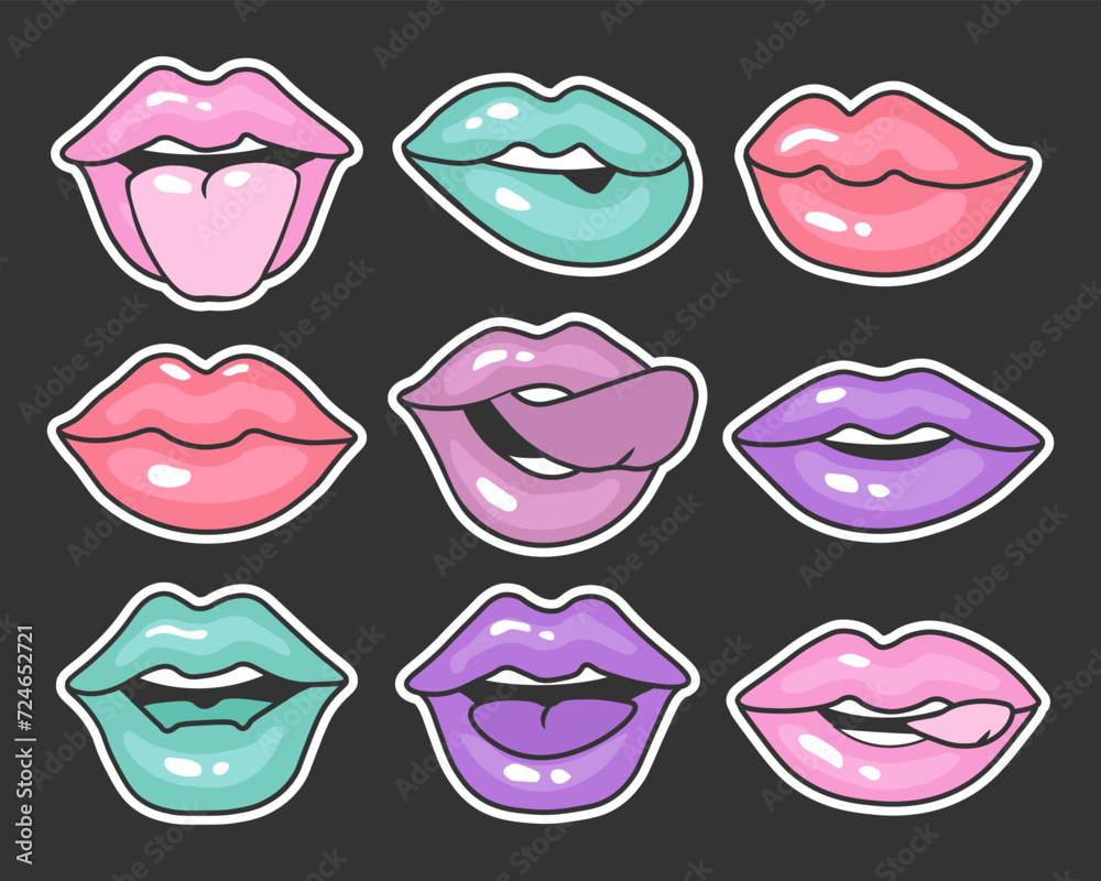 Set of lips in 90s pop art style. Vintage illustration of female mouths in different emotions for stickers, logos, prints. Vector Set of lips in 90s pop art style. Vintage illustration of female mouths in different emotions for stickers, logos, prints. Vector
