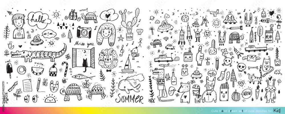 Obraz premium Vector illustration of Doodle cute for kid, Hand drawn set of cute doodles for decoration,Funny Doodle Hand Drawn, Summer, Doodle set of objects from a child's life,Cute animal