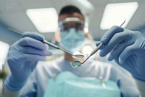 POV shot of male dentist with dental tools in hand. Dentist at work with surgical gloves and tools in hand. 